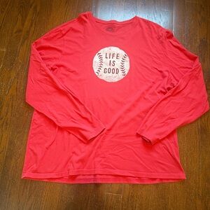 Life Is Good Men's Baseball themed  Red Long Sleeve Tee Sz XL 100% cotton